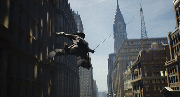 A person in a dark coat and hat swings on a line between tall city buildings.