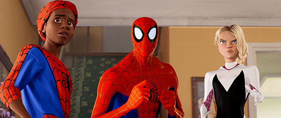 Three animated characters, including two in Spider-Man suits, stand looking forward with serious expressions.
