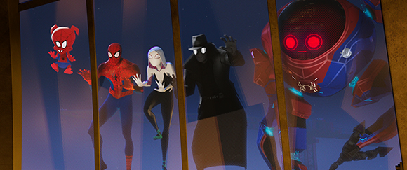 Animated Spider-Man, Spider-Gwen, a man in a hat, and a large red robot reflected in a window.