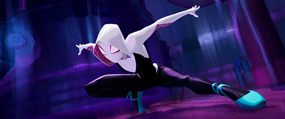 Animated character with white hair and a black and white suit lunging forward in a purple-lit setting.