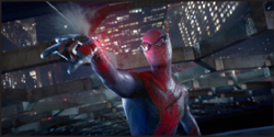 Spider-Man in a red and blue suit extends his hand to shoot a web in front of a nighttime city skyline.