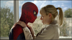 Spider-Man in a red mask looks closely at a blonde woman in a white coat.
