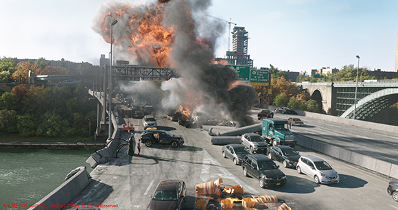 A large explosion with thick black and orange smoke rises over a highway bridge filled with cars.