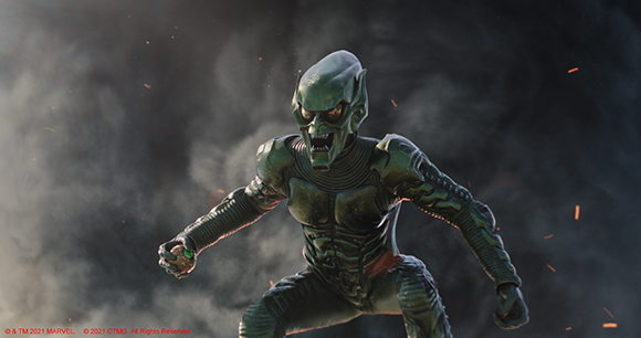 A green armored figure with a menacing mask stands in a smoky environment with flying sparks.
