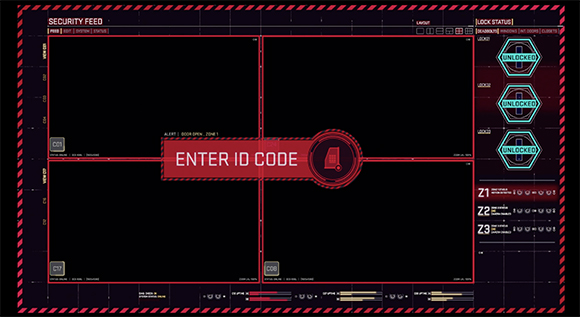 Red and black digital security interface with an 'ENTER ID CODE' prompt and lock status indicators.