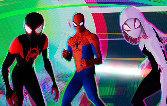 Miles Morales, Peter Parker, and Ghost-Spider stand in a dynamic pose against a vibrant, glitch-effect background.