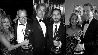 Black and white collage of people in formal attire holding trophies at an awards ceremony.