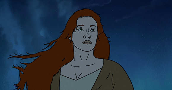 Animated woman with long, flowing red hair looking up against a dark blue night sky.