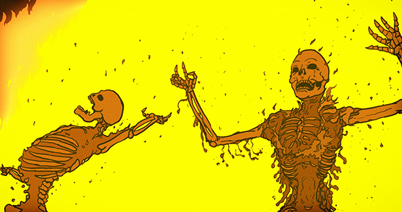 Two orange-toned skeletons with outstretched arms against a solid yellow background.