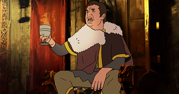 Animated man in a fur-trimmed cloak sitting and holding a silver goblet against a dark, textured background.