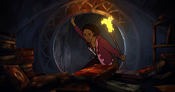 Animated woman holding a lit torch while peering through a circular opening in a dark room filled with books.