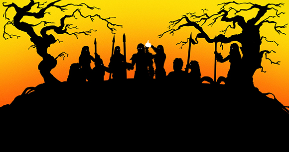 Silhouettes of several figures holding spears and a torch on a hill between two gnarled, leafless trees.