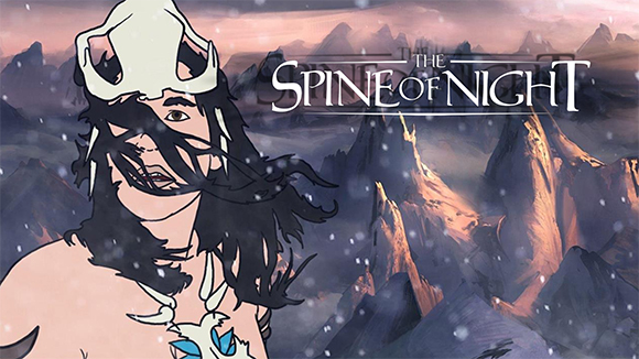 A character wearing a white mask looks over a snowy, jagged mountain range.