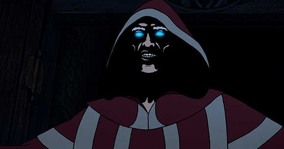 Animated man with glowing blue eyes and a sinister grin wearing a red and white hooded cloak.