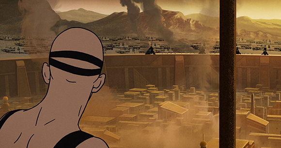 Animated man with a black blindfold overlooks a vast desert city with smoke rising in the distance.