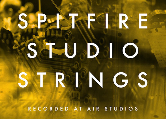 Yellow-toned close-up of musical instrument components with white text reading Spitfire Studio Strings.