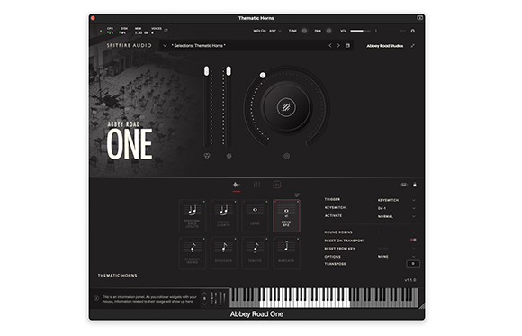 Software interface for Abbey Road One Thematic Horns featuring dark mode controls and a piano keyboard.
