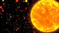A large, bright orange and yellow sun positioned on the right against a black background filled with small stars.