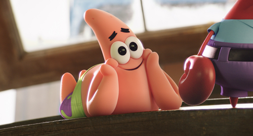 A pink starfish character with large eyes and a smile looking upward.