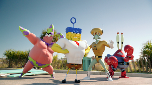 Muscular SpongeBob, Patrick, Squidward, and Mr. Krabs characters posing outdoors under a blue sky.