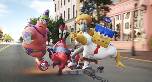 SpongeBob, Patrick, Squidward, and Mr. Krabs race down a sunny city street on various vehicles.