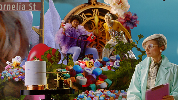 Surreal collage with a woman in a lab coat, a person in purple ruffles, a large clock, and colorful letter blocks.