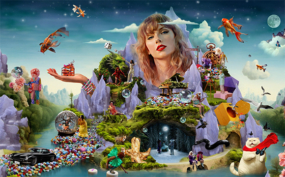Surreal collage of a woman's face, floating goldfish, mountains, and whimsical objects in a dreamlike landscape.