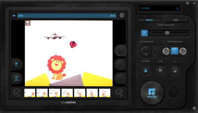 Stop Motion Studio interface displaying an animation of a lion, a ladybug, and a plane on a white background.