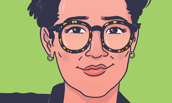 Digital illustration of a person with short dark hair, round patterned glasses, and gold hoop earrings.