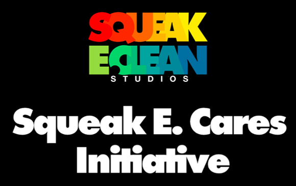 Colorful Squeak E. Clean Studios logo above white text reading Squeak E. Cares Initiative on a black background.