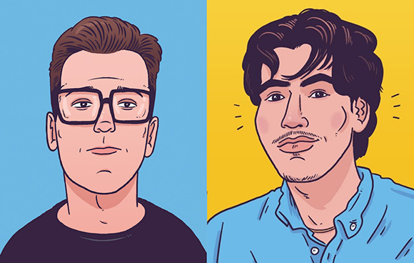 Two stylized illustrations of men, one with glasses on a blue background and one with dark hair on yellow.