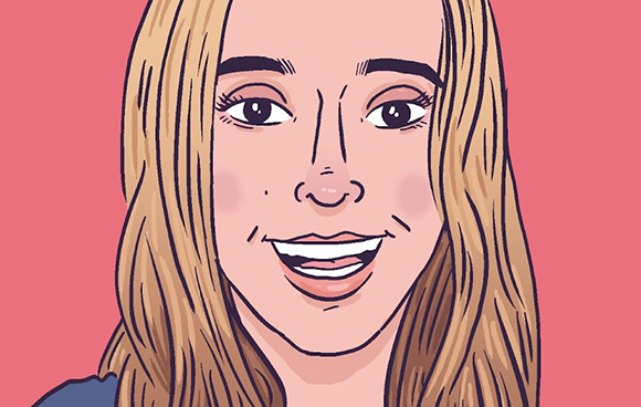 Cartoon illustration of a smiling woman with long blonde hair against a pink background.
