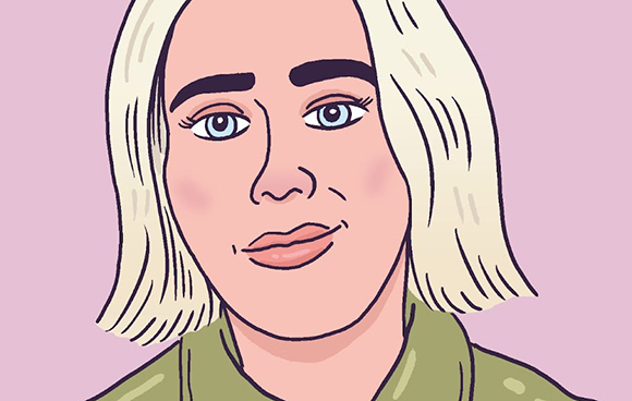 Digital illustration of a person with short blonde hair and blue eyes against a pink background.