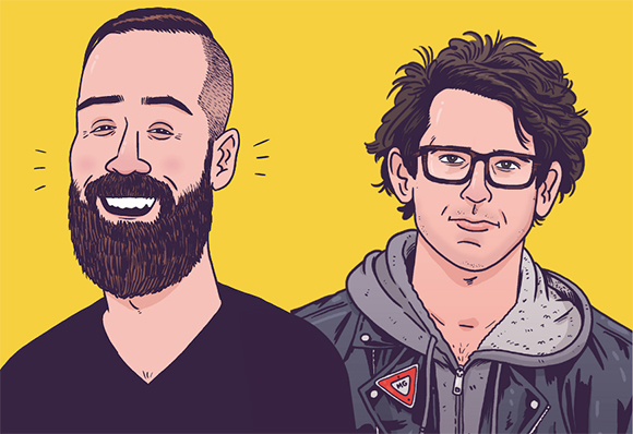 Cartoon illustration of a bearded man in a black shirt and a man with glasses in a grey hoodie.