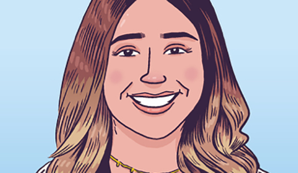 A stylized illustration of a smiling woman with long, wavy brown hair against a light blue background.