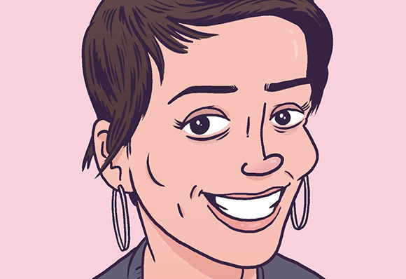 Cartoon illustration of a smiling woman with short dark hair and large hoop earrings against a pink background.