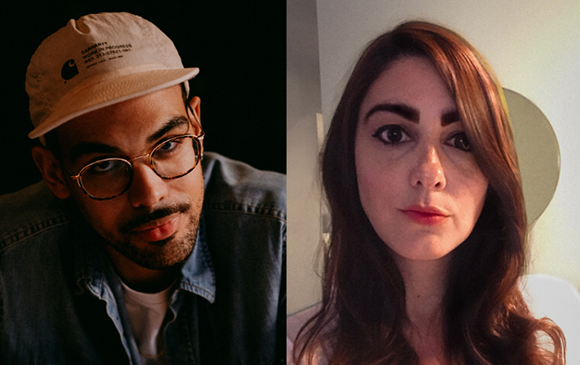 A split image featuring a man in a white cap and denim shirt on the left and a woman with long brown hair on the right.