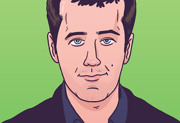 Digital illustration of a man with short brown hair and blue eyes looking forward against a green background.