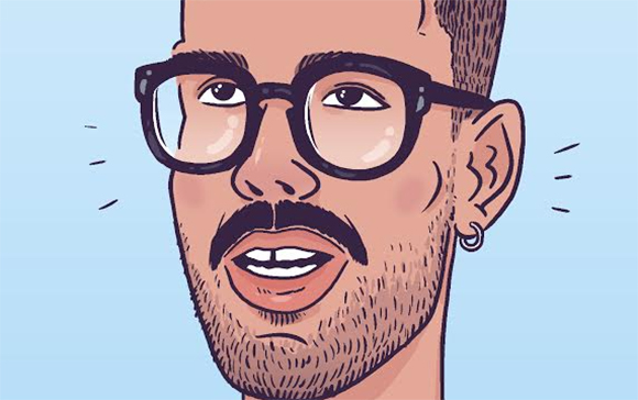 Cartoon illustration of a man with dark hair, glasses, a mustache, and a small hoop earring.