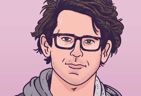 A stylized digital illustration of a man with dark wavy hair and black-rimmed glasses against a lavender background.