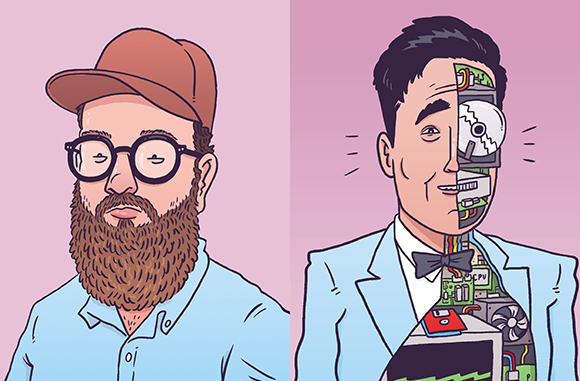 Two illustrations of men: one with a beard and glasses, the other with half his face and body as computer parts.