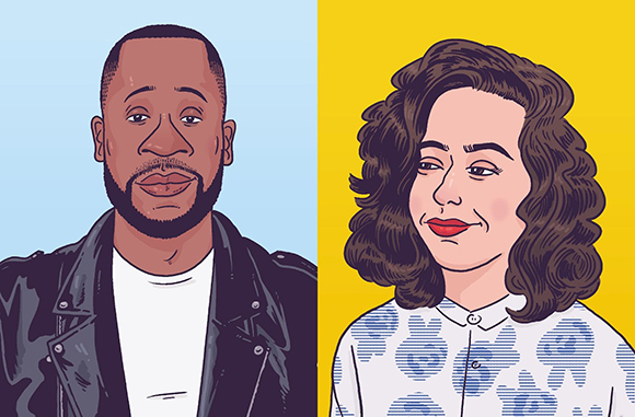 Split-screen illustration of a man in a black leather jacket and a woman with wavy hair in a floral shirt.