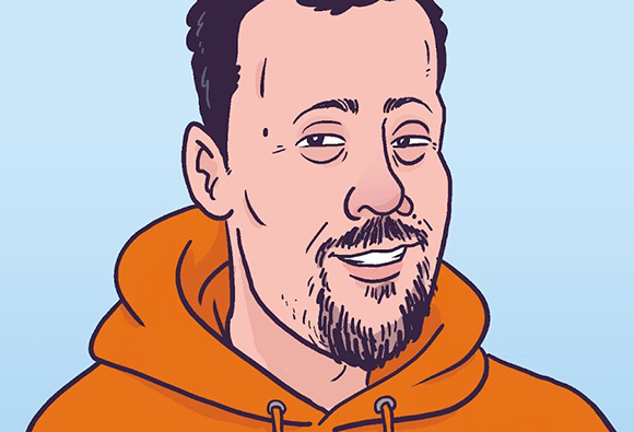 Digital illustration of a man with dark hair and a goatee wearing an orange hoodie against a light blue background.