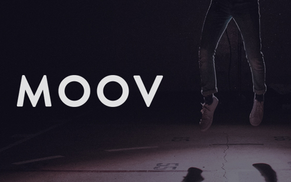 The word MOOV in white text next to a person jumping in mid-air against a dark background.