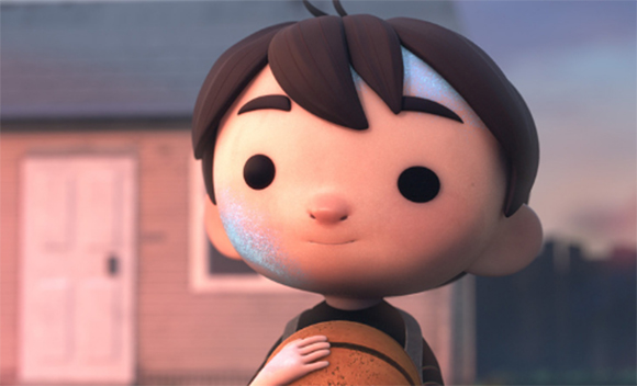 3D animated boy with dark hair and large black eyes holding a basketball in front of a house.