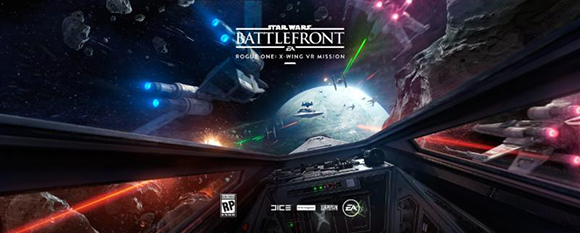 View from an X-Wing cockpit flying through an asteroid field toward a large planet and starships.