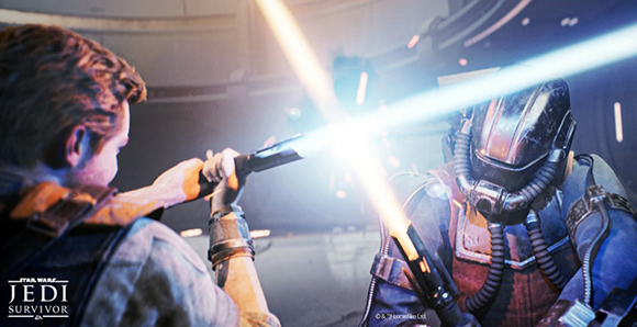 A character in dark clothing duels a masked figure with glowing blue and orange lightsabers.