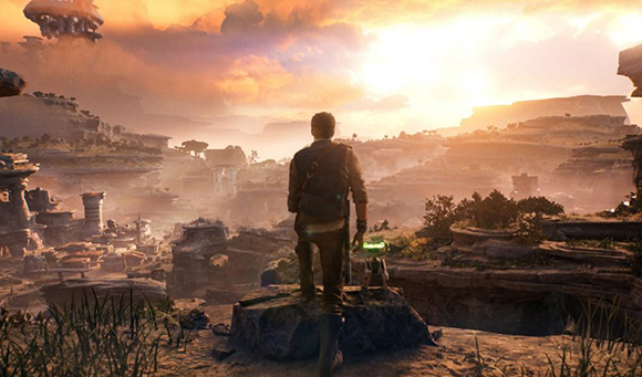 A man stands on a cliff overlooking a vast canyon with ancient ruins under a golden sunset sky.