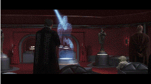 A blue hologram glows in a dark room with red walls as two figures watch from behind.