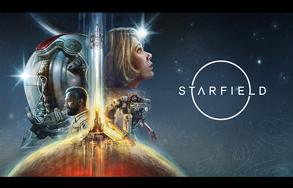 Promotional art for Starfield showing astronauts, a rocket launching from a planet, and the game title.